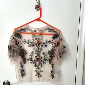 Blush Mesh Flower Embroidered Top Size S